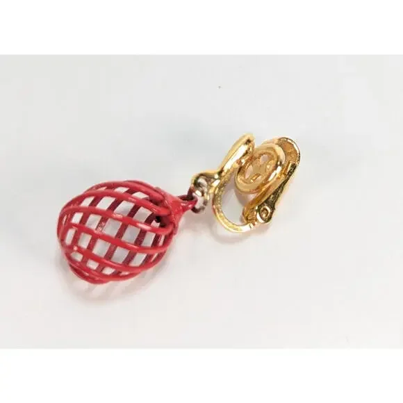 Vintage CROWN TRIFARI  Earrings Red enamel CAGE - dangle drop clip on Retro - Picture 3 of 6